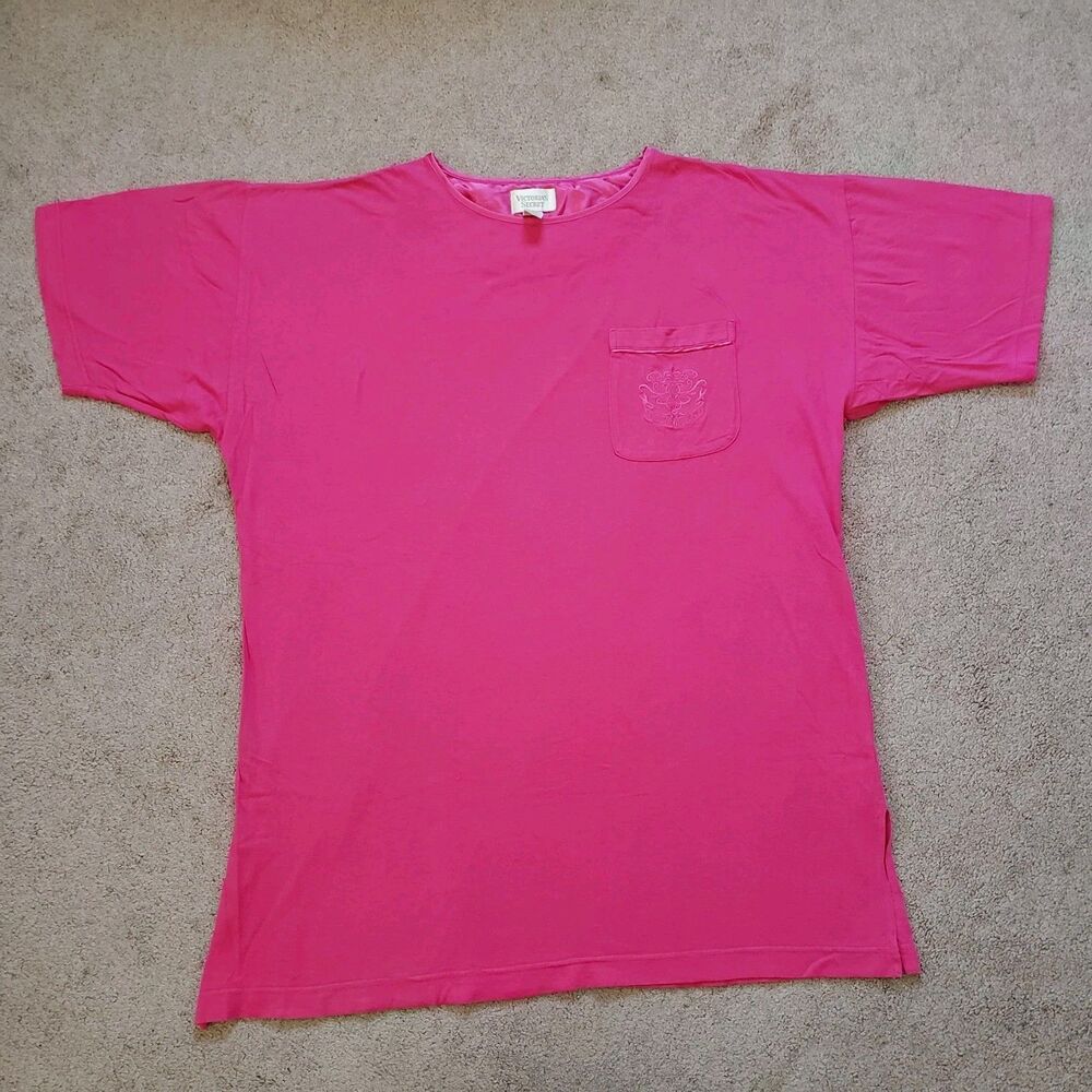 Vtg Rare Gold Label Victoria Secret Sleepwear Shirt Embroidered Logo Pink Med